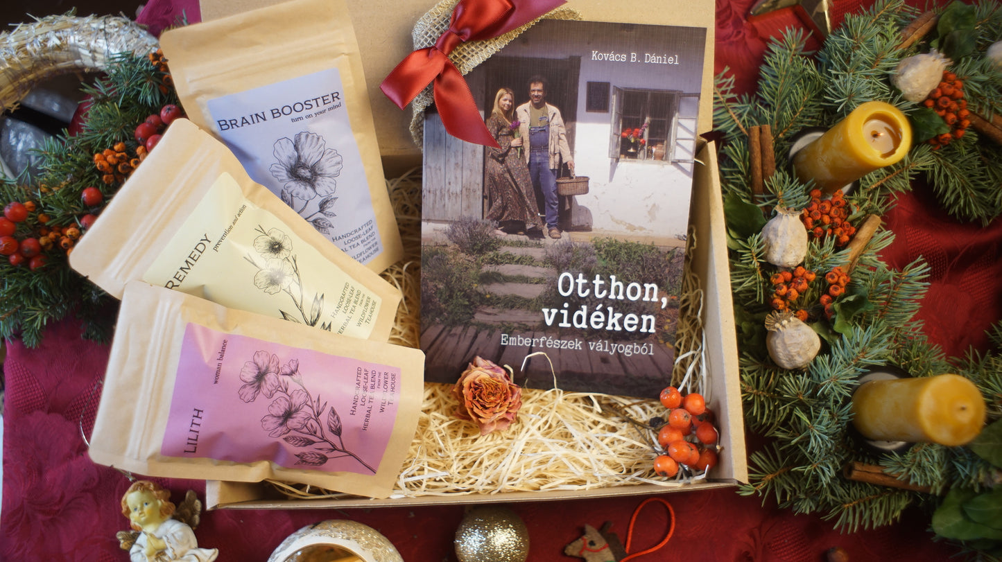 Karácsonyi ajándék doboz: Könyv és teák szeretettel