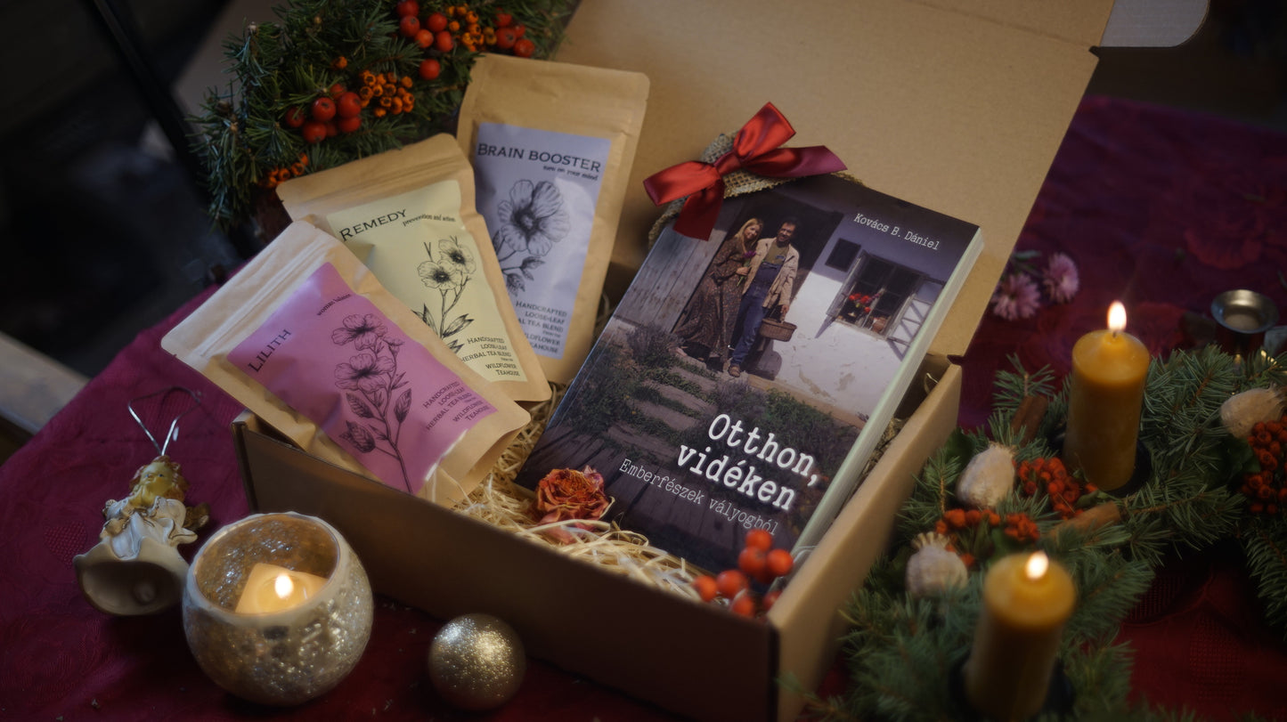 Karácsonyi ajándék doboz: Könyv és teák szeretettel